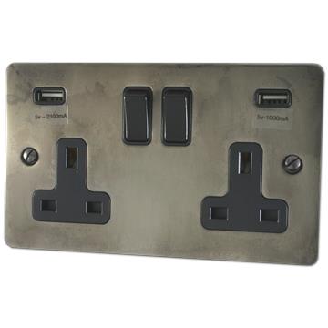 Flat Slate Effect Double Socket with USB (Black Switches)